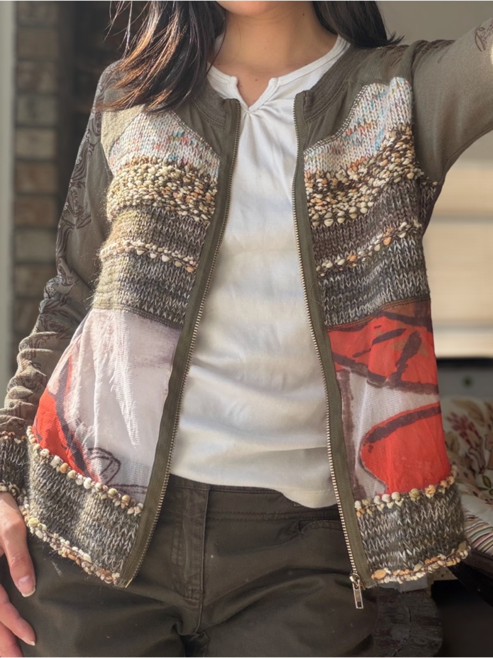 Tricotto Olive Multi-Color Graphic Knit & Print Zip Front Jacket